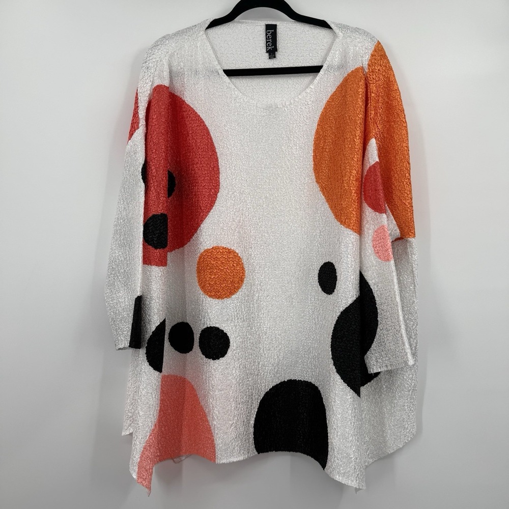 Berek Crinkle Top Womens Plus Size 2 4x White Orange Dot Tunic Art